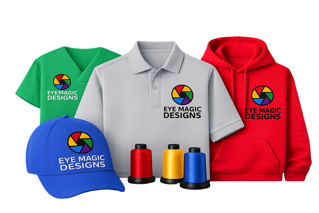 Custom logo embroidery on hats, polos, hoodies, and scrubs